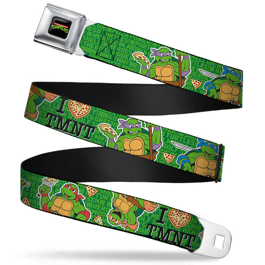 Classic TMNT Logo Full Color Seatbelt Belt - I "HEART" TMNT/Classic Turtles & Pizza Green Webbing - MEGA POP COMICS 
