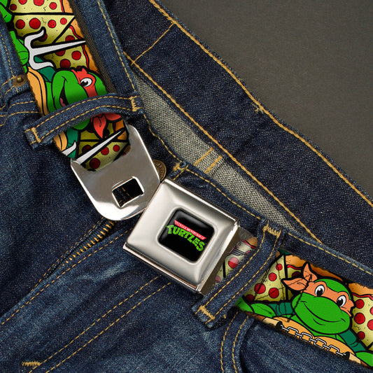 Classic TMNT Logo Full Color Seatbelt Belt - Classic Teenage Mutant Ninja Turtles Turtle Poses/Pizza Slices Webbing - MEGA POP COMICS 