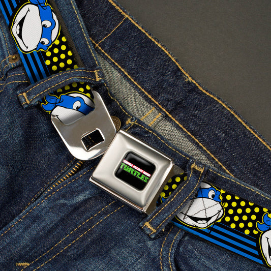 Classic TMNT Logo2 Full Color Seatbelt Belt - Classic TMNT Leonardo Expression Dots/Stripes Black/Yellow/Blue/White Webbing - MEGA POP COMICS 