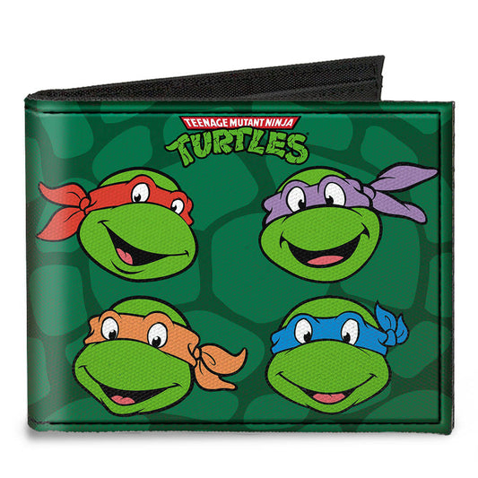 Canvas Bi-Fold Wallet - Classic TMNT Group Faces + Pose Turtle Shell Black Green - MEGA POP COMICS 