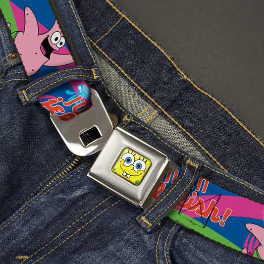 Sponge Bob Face CLOSE-UP Full Color Seatbelt Belt - Nerd SpongeBob & Patrick Starfish Running JUMPIN' JELLYFISH! Multi Color/Red Webbing - MEGA POP COMICS 