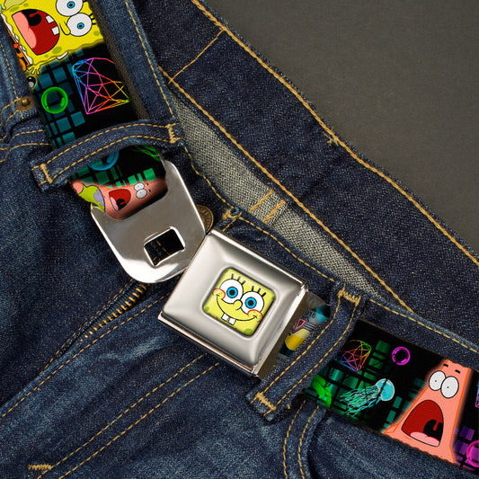Sponge Bob Face CLOSE-UP Full Color Seatbelt Belt - Surprised SpongeBob & Patrick Starfish/SPONGEBOB/Jellyfish Black/Multi Color Webbing - MEGA POP COMICS 