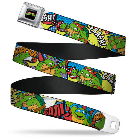 Classic TMNT Logo Full Color Seatbelt Belt - Classic Teenage Mutant Ninja Turtles Action Poses/Action Bubbles Dots Blues Webbing - MEGA POP COMICS 