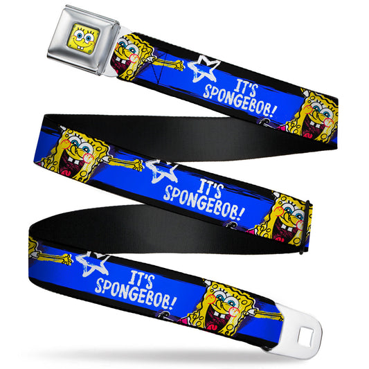 Sponge Bob Face CLOSE-UP Full Color Seatbelt Belt - SpongeBob Pose IT'S SPONGEBOB! Stripe Black/Blue/White Webbing - MEGA POP COMICS 