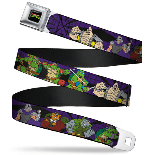 Classic TMNT Logo Full Color Seatbelt Belt - Classic Teenage Mutant Ninja Turtles Group & Villain Poses Purple Webbing - MEGA POP COMICS 