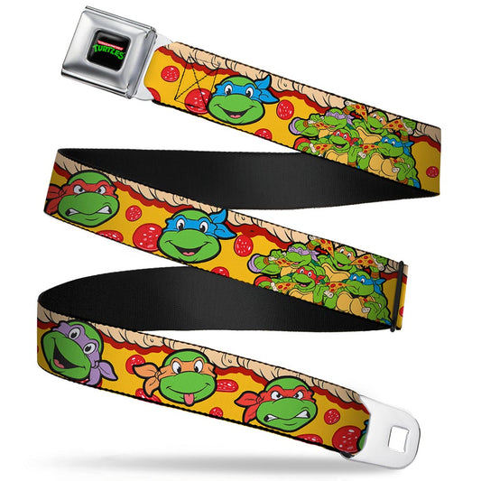 Classic TMNT Logo Full Color Seatbelt Belt - Classic Teenage Mutant Ninja Turtles 4-Turtle Faces Pepperoni Pizza/Turtles Pose16 Webbing - MEGA POP COMICS 