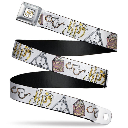 Harry Potter HP Logo Watercolor Full Color White/Yellows Seatbelt Belt - Harry Potter 4-Icons Watercolor White/Multi Color Webbing - MEGA POP COMICS 