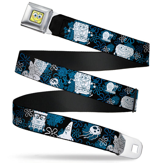 Sponge Bob Face CLOSE-UP Full Color Seatbelt Belt - SpongeBob, Patrick Starfish & Gary the Snail/Flowers Black/Blue/White Webbing - MEGA POP COMICS 