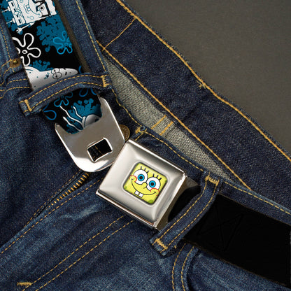 Sponge Bob Face CLOSE-UP Full Color Seatbelt Belt - SpongeBob, Patrick Starfish & Gary the Snail/Flowers Black/Blue/White Webbing - MEGA POP COMICS 