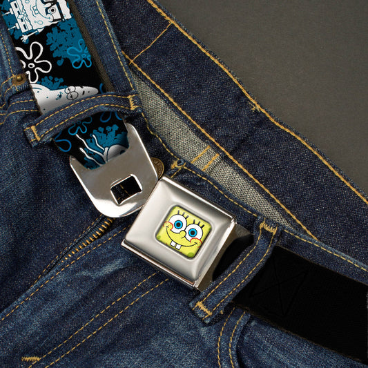 Sponge Bob Face CLOSE-UP Full Color Seatbelt Belt - SpongeBob, Patrick Starfish & Gary the Snail/Flowers Black/Blue/White Webbing - MEGA POP COMICS 