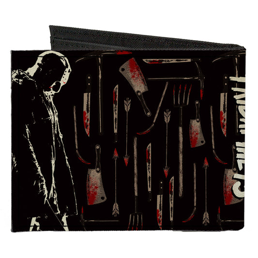 Canvas Bi-Fold Wallet - FRIDAY THE 13TH Jason Machete Pose Bloody Tools Black Grays Reds - MEGA POP COMICS 
