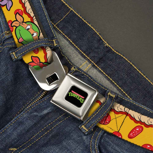 Classic TMNT Logo Full Color Seatbelt Belt - Classic Teenage Mutant Ninja Turtles 4-Turtle Faces Pepperoni Pizza/Turtles Pose16 Webbing - MEGA POP COMICS 