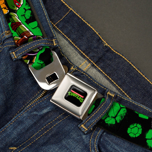 Classic TMNT Logo Full Color Seatbelt Belt - Classic TMNT Turtles Pose11 & Splinter NINJAS IN TRAINING Black/Green Webbing - MEGA POP COMICS 
