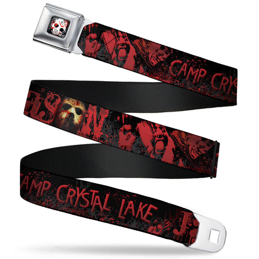 FRIDAY THE 13th/Jason Mask 5 Full Color Splatter Black/White/Red Seatbelt Belt - JASON Mask6/CAMP CRYSTAL LAKE/Hand Prints Blood Splatter Black/Reds/Gray Webbing - MEGA POP COMICS 