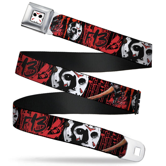 Jason Mask CLOSE-UP Full Color Black/White/Red Seatbelt Belt - FRIDAY THE 13th/Jason Mask4/Axe Blood Splatter Black/Red/White Webbing - MEGA POP COMICS 