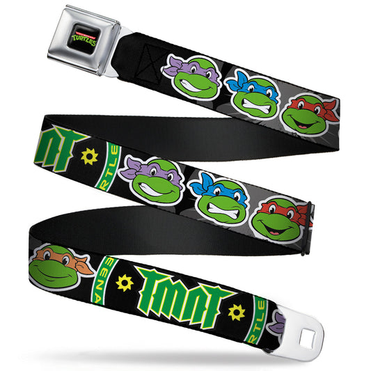 Classic TMNT Logo Full Color Seatbelt Belt - Classic Teenage Mutant Ninja Turtles Group Faces/TMNT/Ninja Star Black/Green Webbing - MEGA POP COMICS 