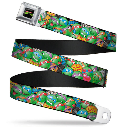 Classic TMNT Logo Full Color Seatbelt Belt - Classic TMNT Turtle Expressions/Pizza/Turtle Shell Buttons Stacked Webbing - MEGA POP COMICS 